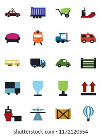 Color and black flat icon set - runway vector, airport bus, train, waiting area, alarm car, fork loader, wheelbarrow, ambulance, sea shipping, truck trailer, delivery, port, container, fragile