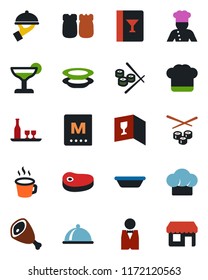Color and black flat icon set - coffee vector, waiter, cook, dish, alcohol, hat, wine card, menu, cocktail, plates, salt and pepper, steak, ham, bowl, sushi, storefront