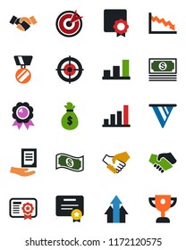 Color and black flat icon set - handshake vector, medal, document, cash, sertificate, bar graph, target, arrow up, money bag, pennon, crisis, certificate, award cup
