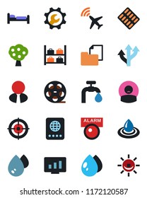 Color and black flat icon set - plane radar vector, passport, bed, luggage storage, statistic monitor, water drop, pills blister, patient, route, folder document, reel, root setup, target, supply