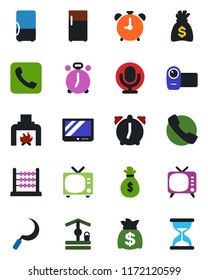 Color and black flat icon set - alarm clock vector, tv, money bag, well, sickle, video camera, microphone, call, abacus, fireplace, fridge, sand