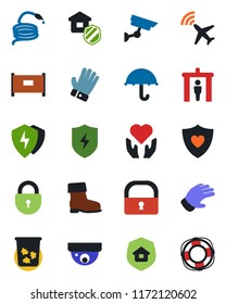 Color and black flat icon set - plane radar vector, fence, security gate, trash bin, lock, glove, boot, hose, heart shield, hand, umbrella, protect, estate insurance, surveillance, crisis management