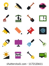 Color and black flat icon set - right arrow vector, bulb, job, garden fork, shovel, rake, well, brightness, fingerprint id, presentation board, drawing pin, pencil, plan, rolling, pc