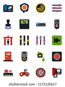 Color and black flat icon set - baggage conveyor vector, security gate, stamp, radar, scales, gamepad, settings, remote control, fast forward, tuning, record, air conditioner, vip zone, home