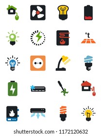 Color and black flat icon set - ripper vector, low battery, charge, desk lamp, air conditioner, home control, socket, fan, water heater, warm floor, bulb, energy saving, idea