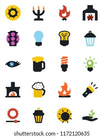 Color and black flat icon set - bulb vector, fire, sun, garden light, eye, traffic, torch, brightness, fireplace, beer, candle, energy saving, outdoor lamp, palm sproute