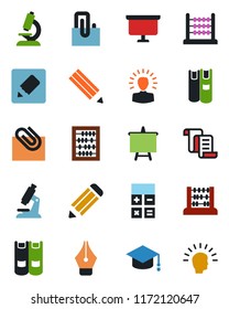 Color and black flat icon set - contract vector, book, calculator, graduate, abacus, presentation board, pencil, microscope, notes, paper clip, ink pen, shining head