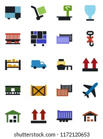 Color and black flat icon set - plane vector, railroad, truck trailer, cargo container, car delivery, sea port, consolidated, fragile, up side sign, no hook, warehouse, heavy scales, rack