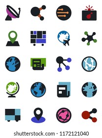 Color and black flat icon set - satellite antenna vector, bomb in case, globe, plane, earth, pin, consolidated cargo, network, share, news, social media