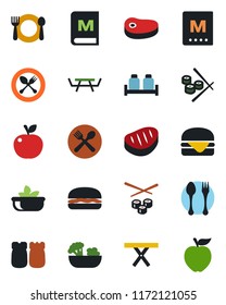 Color and black flat icon set - spoon and fork vector, picnic table, cafe, menu, salad, salt pepper, steak, hamburger, sushi, apple fruit