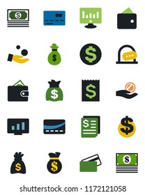 Color and black flat icon set - credit card vector, ticket office, dollar sign, money bag, statistic monitor, cash, receipt, wallet, investment