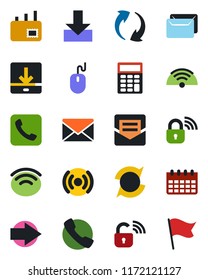 Color and black flat icon set - right arrow vector, mail, mouse, calendar, call, update, download, wireless, calculator, lock, flag