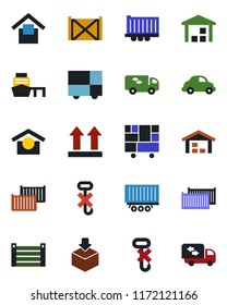 Color and black flat icon set - truck trailer vector, cargo container, car delivery, sea port, consolidated, warehouse storage, up side sign, no hook, package, moving