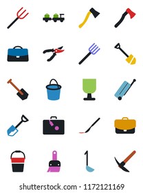 Color and black flat icon set - suitcase vector, baggage larry, job, shovel, farm fork, bucket, pruner, axe, scalpel, fragile, themes, case, ladle, hard work