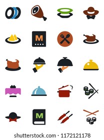 Color and black flat icon set - dish vector, restaurant table, serviette, cafe, menu, plates, waiter, dress code, chicken, kebab, ham, steaming pan, sushi