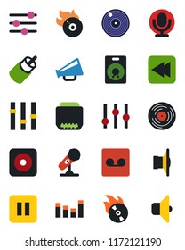 Color and black flat icon set - vinyl vector, flame disk, microphone, speaker, loudspeaker, settings, equalizer, pause button, rewind, rec, rca, hdmi, tuning, record, sound