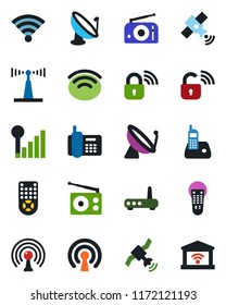 Color and black flat icon set - satellite antenna vector, office phone, radio, remote control, wireless, cellular signal, lock, router, garage gate