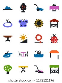 Color and black flat icon set - cafe vector, sun, lawn mower, butterfly, lady bug, pond, picnic table, brightness, pool, fruit tree, mountains, restaurant, alcove