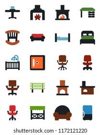 Color and black flat icon set - checkroom vector, office chair, desk, bench, fireplace, bedroom, children room, cushioned furniture, restaurant table, alcove, fridge