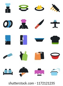 Color and black flat icon set - fridge vector, cook, restaurant table, serviette, hat, plates, waiter, salt and pepper, bowl, rolling pin, cutting board, knife, steaming pan