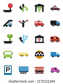 Color and black flat icon set - dispatcher vector, taxi, airport bus, parking, alarm car, ladder, ambulance, route, railroad, truck trailer, delivery, heavy scales, garage gate control