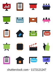 Color and black flat icon set - fence vector, presentation board, meeting, clipboard, clapboard, rooms, sold signboard, smart home, cutting, chip