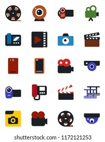 Color and black flat icon set - camera vector, clapboard, film frame, reel, video, phone back, photo gallery, web, intercome, surveillance