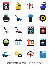 Color and black flat icon set - washer vector, fork loader, gear, ripper, lawn mower, tomography, printer, copier, crane, water filter, combination lock