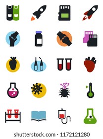 Color and black flat icon set - book vector, blood test vial, dropper, ampoule, real heart, joint, virus, sd, thermometer, rocket, flask