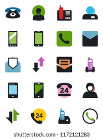 Color and black flat icon set - mobile phone vector, office, 24 hours, support, cell, radio, mail, call, data exchange