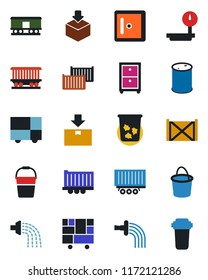 Color and black flat icon set - trash bin vector, checkroom, bucket, watering, railroad, truck trailer, cargo container, consolidated, package, oil barrel, heavy scales, archive box, water filter