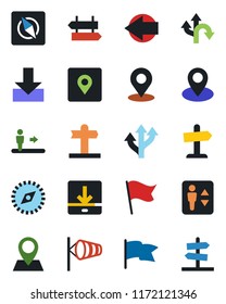 Color and black flat icon set - elevator vector, escalator, signpost, left arrow, wind, route, pin, download, place tag, compass, flag, guidepost