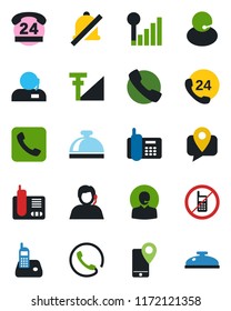 Color and black flat icon set - no mobile vector, reception bell, office phone, 24 hours, support, tracking, radio, call, mute, cellular signal