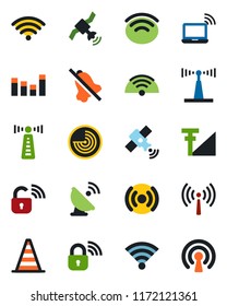 Color and black flat icon set - antenna vector, wireless notebook, border cone, radar, satellite, equalizer, mute, cellular signal, lock
