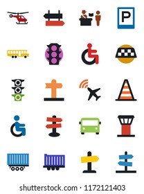 Color and black flat icon set - airport tower vector, plane radar, taxi, bus, parking, passport control, signpost, border cone, helicopter, disabled, traffic light, truck trailer, guidepost