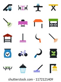 Color and black flat icon set - cafe vector, ladder car, rake, sickle, garden light, picnic table, fertilizer, bike, restaurant, alcove, outdoor lamp