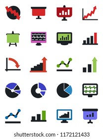 Color and black flat icon set - growth statistic vector, presentation board, crisis graph, circle chart, monitor pulse, statistics, bar, pie, point