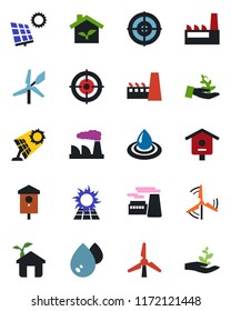 Color and black flat icon set - factory vector, bird house, target, sun panel, windmill, eco, water, palm sproute