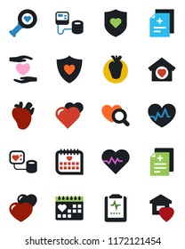 Color and black flat icon set - heart vector, pulse, diagnosis, blood pressure, diagnostic, shield, hand, real, medical calendar, clipboard, sweet home