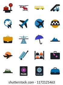Color and black flat icon set - plane vector, runway, taxi, suitcase, airport bus, umbrella, passport, ladder car, helicopter, luggage storage, scales, globe, mountains, case