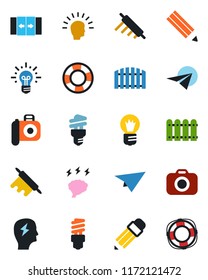 Color and black flat icon set - automatic door vector, brainstorm, bulb, camera, pencil, fence, rolling pin, energy saving, shining head, idea, paper plane, crisis management