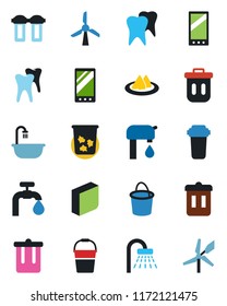 Color and black flat icon set - trash bin vector, shower, bucket, tooth, mobile, blank box, water supply, bathroom, serviette, filter, windmill