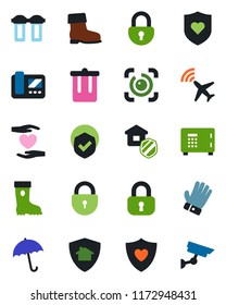 Color and black flat icon set - plane radar vector, umbrella, trash bin, safe, lock, glove, boot, heart shield, hand, eye id, estate insurance, intercome, water filter, home protect, surveillance