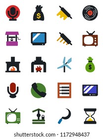 Color and black flat icon set - money bag vector, well, sickle, vinyl, tv, microphone, call, abacus, fireplace, rolling pin, windmill, sand clock