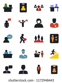 Color and black flat icon set - dispatcher vector, passport control, elevator, manager, speaking man, pedestal, team, place, doctor, support, speaker, identity card, desk, career ladder, pass