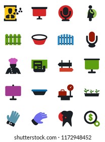 Color and black flat icon set - signpost vector, luggage scales, presentation board, glove, seedling, caries, pregnancy, microphone, news, hr, fence, cook, bowl, money search