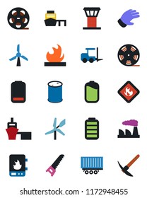 Color and black flat icon set - airport tower vector, fork loader, factory, glove, saw, truck trailer, sea port, flammable, oil barrel, reel, battery, low, water heater, windmill, hard work