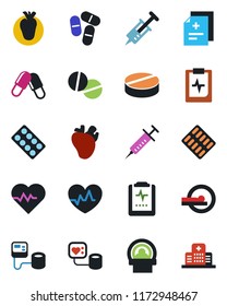 Color and black flat icon set - heart pulse vector, diagnosis, syringe, blood pressure, pills, blister, tomography, real, clipboard, hospital