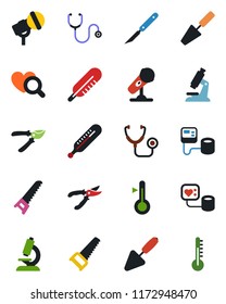 Color and black flat icon set - trowel vector, pruner, saw, stethoscope, blood pressure, thermometer, heart diagnostic, microscope, scalpel, microphone