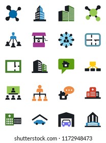 Color and black flat icon set - hierarchy vector, well, molecule, hospital, office building, garage, plan, home message